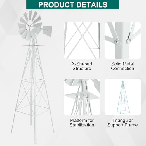 8FT Garden Windmill, Metal Yard Decor with Weather Vane, White - Image 2