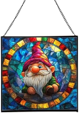 Stained-Glass Window Gnome Stained Glass Suncatcher – Square Hanging Window Panel for Home or Greenhouse – Whimsical Glass Art Gift for Garden Lovers, Christmas, Halloween, Father Days Sy50Zg by Custom
