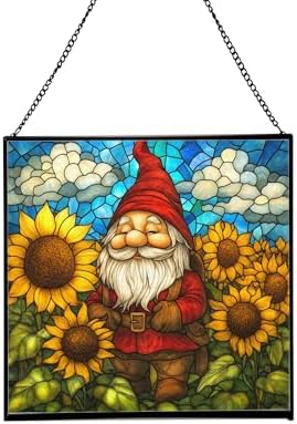 Sunflower Field Gnome Stained Glass Suncatcher – Square Hanging Window Panel for Home or Greenhouse – Whimsical Glass Art Gift for Garden Lovers, Christmas, Halloween, Father Days MDadjk by Custom