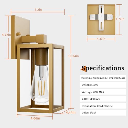 Outdoor Light Fixtures Wall Mount, Waterproof Front Porch Lights, Modern Exterior Lighting Fixtures with E26 Socket, Gold Wall Sconces Lantern Lamp, Outside Lights for House, Garage, Patio (2 Pack） - Image 6