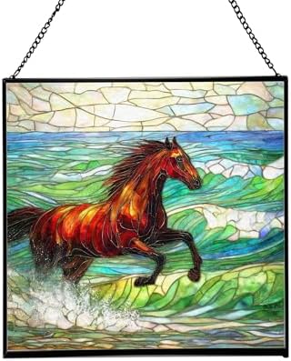 Dark Bay Thoroughbred Horse galloping along wind-cut shore Square Suncatcher – Stained Glass Style Window Panel with Pastoral Scene, Custom Decorative Hanging Art for Equestrian Home, Christmas EXx6QH by Custom