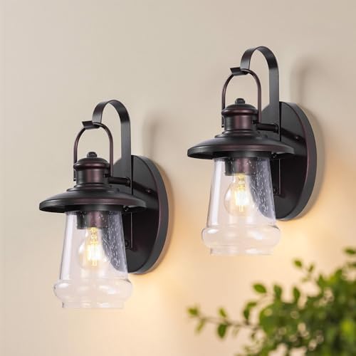 Pia Ricco Outdoor Wall Light Fixture - Oil Rubbed Bronze with Clear Seedy Glass, 12.8 Inch Exterior Sconce for Porch, Entryway, Doorway and Pathway Lighting by PiaRicco