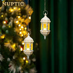 2 Pcs Moroccan Lantern Metalwork Hanging Tealight Candle Holder Metal Glass Indoor Outdoor Battery Operated LED Flameless with 35cm Chain, White - Image 2