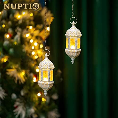 2 Pcs Moroccan Lantern Metalwork Hanging Tealight Candle Holder Metal Glass Indoor Outdoor Battery Operated LED Flameless with 35cm Chain, White - Image 2