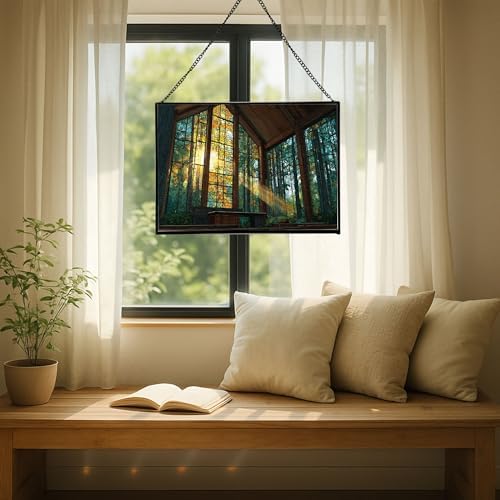 Sun Shining Through Window in Forest Chapel Rectangular Stained Glass Suncatcher – Hanging Window Panel with Animal & Nature Scene – Vibrant Glass Art Gift for Wildlife, Fantasy, Nature Lovers w19xzI - Image 7