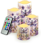 Purple Dragonfly Flameless Candle with Remote Control Electric LED Pillar Candle Timer Color Changing Long Lasting Pack of 4 Battery Candles by Uorisanigo