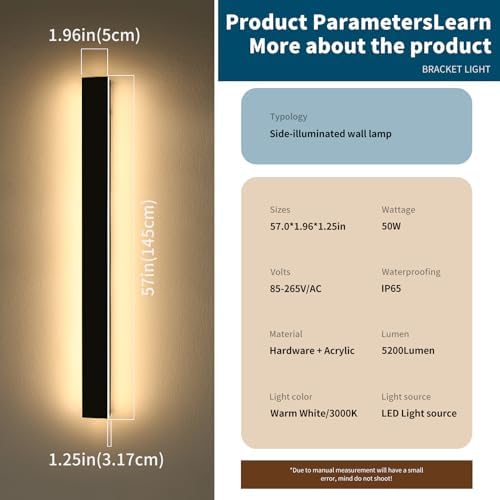 2 Pack 57inch Modern Outdoor Wall Lights, Long Strip Exterior LED Wall Sconce, 3000K Warm White, IP65 Waterproof, 50W, Black Outside Lighting Fixture for Porch, Garden, Fence, Balcony - Image 3