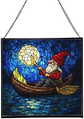 Gnome Canoe Ride Stained Glass Suncatcher – Square Hanging Window Panel for Home or Greenhouse – Whimsical Glass Art Gift for Garden Lovers, Christmas, Halloween, Father Days NYD8LS by Custom