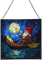 Gnome Canoe Ride Stained Glass Suncatcher – Square Hanging Window Panel for Home or Greenhouse – Whimsical Glass Art Gift for Garden Lovers, Christmas, Halloween, Father Days NYD8LS by Custom