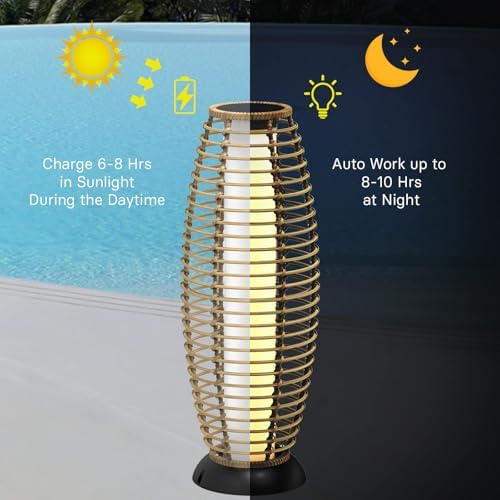 Solar Yard Outdoor Floor Lamp Patio Lights Solar Powered Lantern Weather-Resistant Wicker Deck Lights, Lamp Large for Garden (Austin Natural Brown) - Image 4