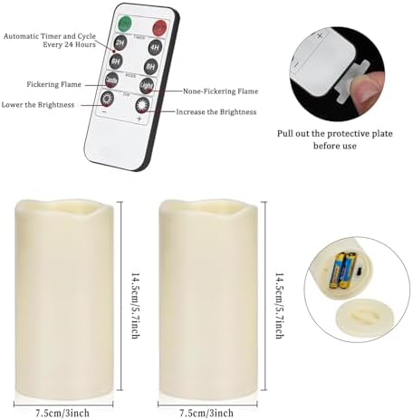 Flameless Candles 4" 5" 6" Outdoor Indoor Pillars Battery Operated Flickering Candles Include 10-Key Remote Timer 400+ Hours by 2 AA Batteries (Ivory Candle - Warm light, 3"D x 6" H - 12 Pack) - Image 3