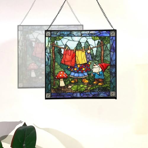 Gnome Hanging Laundry Stained Glass Suncatcher – Square Hanging Window Panel for Home, Garden, Nursery, Halloween, Christmas, Memorial Day – Whimsical Glass Art Gift for Gnome Lovers jfqeo9 - Image 4
