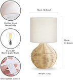 Rattan Bedside Table Lamp Set of 2, Boho Farmhouse Style, with Cotton Linen Lampshade, 6.2×6.2×11.8 Inch Small Nightstand Lamp with E12 LED Warm Light Bulb, One-Button Switch for Bedroom Living Room - Image 2