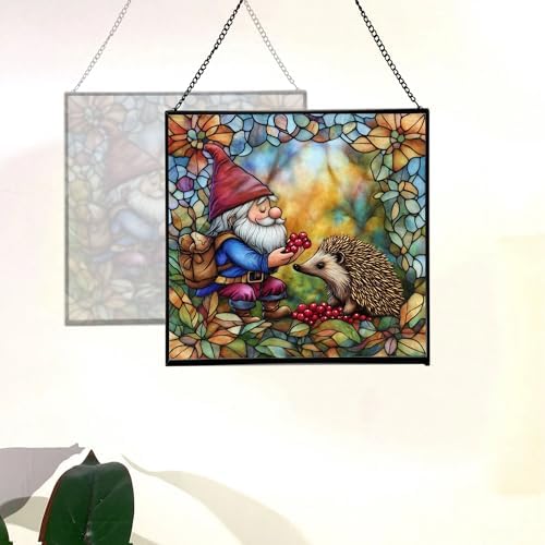 Gnome and Hedgehog Friends Stained Glass Suncatcher – Square Hanging Window Panel for Home or Greenhouse – Whimsical Glass Art Gift for Garden Lovers, Christmas, Halloween, Father Days 3plY32 - Image 4