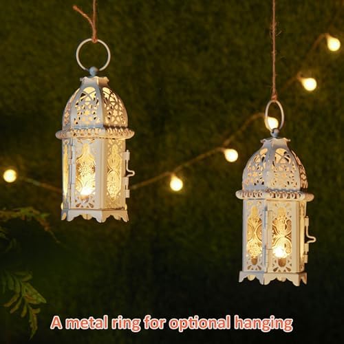 IMAGE 4PCS Candle Lanterns Metal Candle Holder with Transparent Glass Moroccan Decorative Hanging Lantern, 7x16cm, White - Image 5