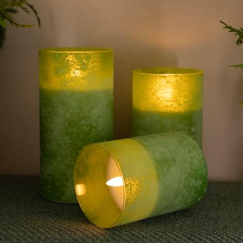 Flameless Candles Set of 3 Green LED Pillar Candles with Remote Timer - Image 3