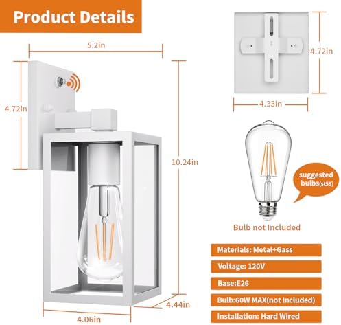 2 Pack White Dusk to Dawn Front Porch Lighting Fixtures Wall Mount, Sensor Outside Exterior Lights for House, Outdoor Lantern Lamp, Waterproof Wall Sconce Lights, Coach Light for Garage Entryway - Image 6