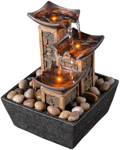 GOSSI Indoor 3-Tier Tabletop Water Fountain with Soothing Sound, Simulation Stone Pillar Design, Natural River Rocks, Reflective Lighting for Meditation and Relaxation by GOSSI