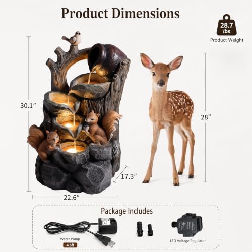 3-Tier Outdoor Water Fountain, Resin Squirrel Bird Decor with LED - Image 2