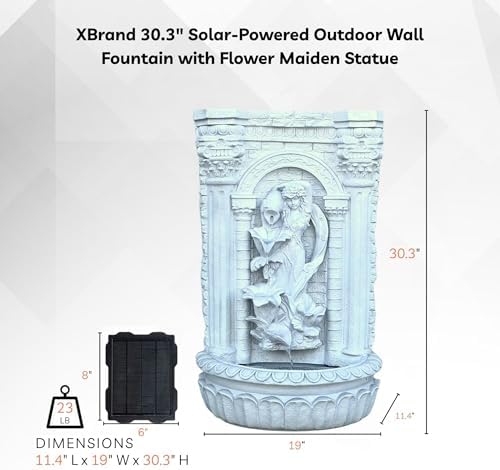 XBrand 30.3" Solar-Powered Outdoor Wall Fountain with Flower Maiden Statue, Antique Stone Waterfall Design for Garden, Yard Décor & Bird Bath, Polyresin - Image 6