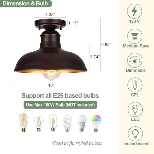 GOLDHILL 10" Semi Flush Mount Ceiling Light, Oil Rubbed Bronze Industrial Barn Shade with Gold Interior, 1-Light Bowl Fixture for Kitchen Island, Hallway and Covered Porch - Image 2