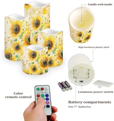 Retro Sunflower Flickering Flameless Candles with Remote and Timer Set of 4 Color Changing Battery Operated Candles for Home Wedding Decoration - Image 3