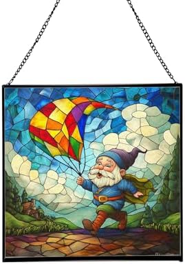 Gnome with Kite Flight Stained Glass Suncatcher – Square Hanging Window Panel for Home or Greenhouse – Whimsical Glass Art Gift for Garden Lovers, Christmas, Halloween, Father Days XEZq2D by Custom