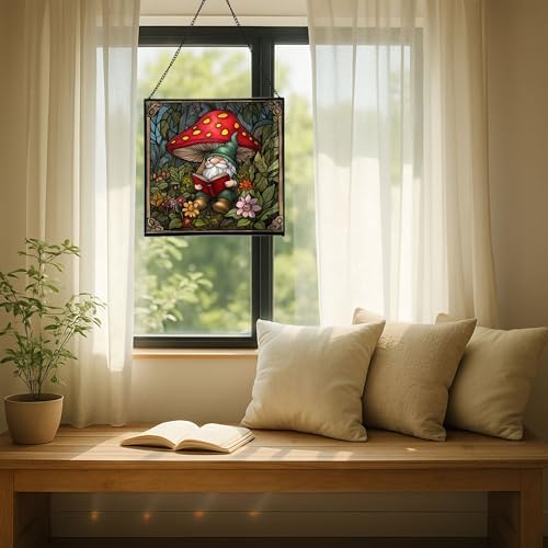 Gnome in Mushroom Hollow Stained Glass Suncatcher – Square Hanging Window Panel for Home or Greenhouse – Whimsical Glass Art Gift for Garden Lovers, Christmas, Halloween, Father Days FpWUpN - Image 7