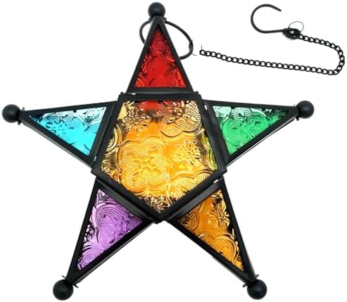 Wall Hanging Star Ornaments, Moroccan Star Shaped Glass Candle Holder with Hanging Chain, Handcrafted Glass Lantern for Indoor Wall Decor, Garden Patio, Home and Fence Display - Image 4