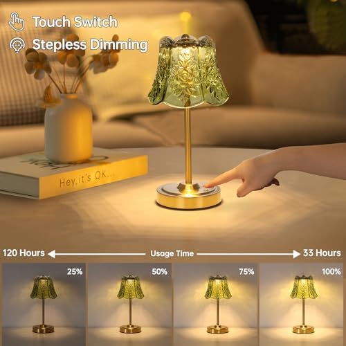 Shenmoyl Set of 2 Cordless Touch Table Lamp with 5200mAh Battery - 3 Adjustable Color Temperatures & Dimmable, Rechargeable Lamp for Bedsides, Living Room, Entryway, Bookshelves (Green Rose) - Image 2