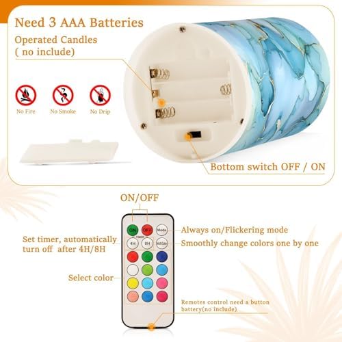 ALAZA Aqua Blue Gold Marble Textures Flameless Candles, LED Pillar Candles with Remote Timer, Battery Operated Candles Set of 2 - Image 6