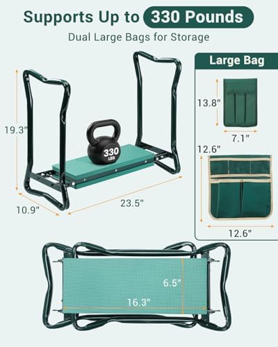 Ohuhu Garden Kneeler and Seat, Heavy Duty Garden Stool with EVA Foam Kneeling Pad, Foldable Gardening Bench with 2 Tool Pouches, 2-in-1 Portable Gardening Supplies, for Seniors - Image 3
