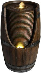24.8" Rustic Wood Barrel Waterfall Fountain with LED Lights, Tiered Outdoor Resin Water Feature for Zen Garden, Patio & Porch Decor, Floor-Standing Fountain with Pump by Ningering