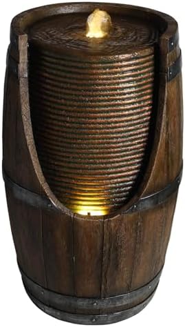 24.8" Rustic Wood Barrel Waterfall Fountain with LED Lights, Tiered Outdoor Resin Water Feature for Zen Garden, Patio & Porch Decor, Floor-Standing Fountain with Pump by Ningering