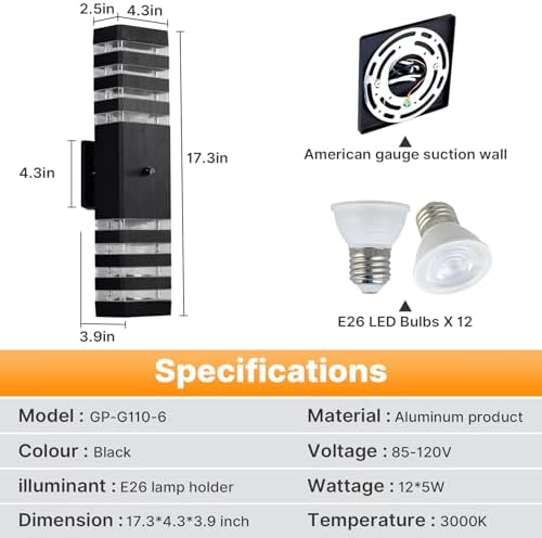 6 Pack Outdoor Wall Light with Dusk to Dawn Sensor, IP65 Waterproof Modern Exterior Lighting Fixtures, Up Down Black Porch Lights Outdoor for House, Garage, Patio - Image 4