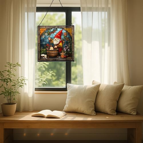 Gnome Making soap Stained Glass Suncatcher – Square Hanging Window Panel for Home, Garden, Nursery, Halloween, Christmas, Memorial Day – Whimsical Glass Art Gift for Gnome Lovers p4t1yu - Image 7
