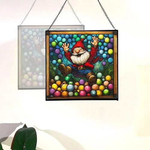 Ball Pit Gnome Joy Stained Glass Suncatcher – Square Hanging Window Panel for Home or Greenhouse – Whimsical Glass Art Gift for Garden Lovers, Christmas, Halloween, Father Days ShgGAQ - Image 4