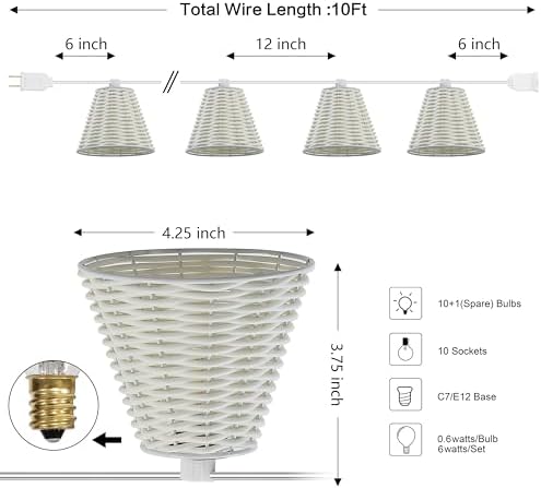 JONATHAN Y Payton 10-Light Faux-Rattan Outdoor String Lights, White - Image 4