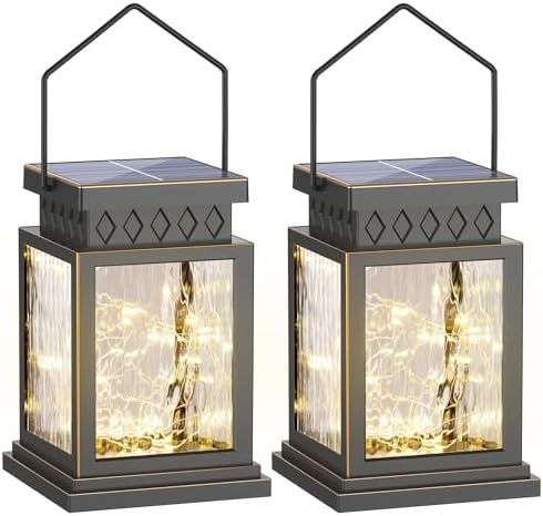 2 Pack Farmhouse Solar Lanterns , Water Ripple Glass & Copper Wire Flickering Light,Outdoor Waterproof Upgraded Solar and 2 AA Batteries Powered, for Outside Porch, Patio and Indoor Tables. by AYTPU