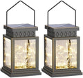 2 Pack Farmhouse Solar Lanterns , Water Ripple Glass & Copper Wire Flickering Light,Outdoor Waterproof Upgraded Solar and 2 AA Batteries Powered, for Outside Porch, Patio and Indoor Tables. by AYTPU