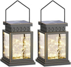 2 Pack Farmhouse Solar Lanterns , Water Ripple Glass & Copper Wire Flickering Light,Outdoor Waterproof Upgraded Solar and 2 AA Batteries Powered, for Outside Porch, Patio and Indoor Tables. by AYTPU