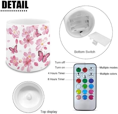 Flameless Candles Set of 4 Battery Powered LED Pillar Candle Tealights 3 x 3 Inches Home Decoration Remote for Wedding Beach Party Decor Butterfly Cherry Blossom Pink Pattern - Image 6