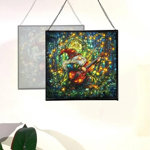 Stained-Glass Violin Gnome Stained Glass Suncatcher – Square Hanging Window Panel for Home or Greenhouse – Whimsical Glass Art Gift for Garden Lovers, Christmas, Halloween, Father Days TctXPF - Image 4