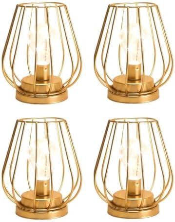 TRIROCKS Set of 4 Metal Battery Operated Lamp 7'' Tall Mini Cage Shape Cordless Table Lamp Battery Lanterns with Warm Fairy Lights Bulb for Patio Garden Wedding Parties Indoor Outdoor(Gold) by TRIROCKS