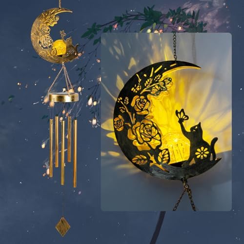 Cat Moon-Wind Chime, Cat Lover Gift Solar-Lantern Windchime, Wind Chimes Outdoor, Garden-Gifts, Garden Moon Decor, SolarWind Chimes, Solar-Light, Patio Hanging Light, Gifts for Mom, Grandma,Sister by JOBOSI