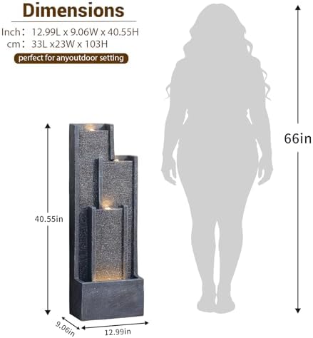 Bumilgar 39" Modern Outdoor Water Fountain with LED Lights – Grey Tiered Geometric Indoor Waterfall Fountain for Garden, Lawn, Porch or Backyard Décor, Floor Standing Resin Patio Water Feature Outside - Image 2