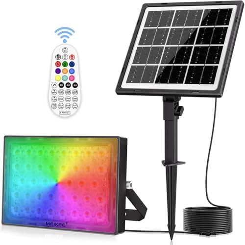 MEIKEE RGBW Solar Flood Light Outdoor with Remote, Color Changing 2700K IP66 Waterproof LED Solar Powered Lights, Dimmable Timing Strobe Halloween Landscape Light for Patio Party Garden by MEIKEE