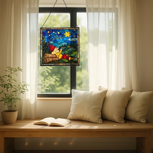 Gnome Stargazing Stained Glass Suncatcher – Square Hanging Window Panel for Home, Garden, Nursery, Halloween, Christmas, Memorial Day – Whimsical Glass Art Gift for Gnome Lovers co5w02 - Image 7