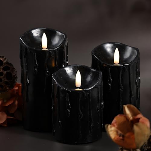 LumiPur Essentials Natural Glow Flameless Flickering Wax Drip Pillar 3 Pack LED Candles (3" x 4" 5" & 6") Black - Image 3