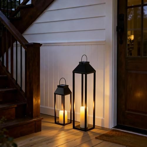 Large Outdoor Solar Lanterns Waterproof, Tall Farmhouse Black Metal Decorative Lanterns Solar Lights Outdoor for Front Porch Decor Outdoor Patio, Garden, Balcony, Porch, 27.6",16.3"-Set of 2 - Image 4